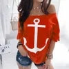 Boat Anchor Print Summer T-shirt Sexy Off Shoulder Half Sleeve Dames Casual losse T-shirt Wit Red Plus Size S-5XL Tees Tops 240424