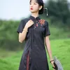 女性のブラウス中国スタイルの改善ハンフーエクサイト刺繍された女性のための長いシャツ2024夏エレガントな黒いスリムレースアップパーティーブラウス