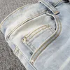 Men's Jeans Mens crystal hole tear patch work jeans street clothing light blue denim ultra-thin pencil pants TrousersL244