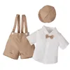 Clothing Sets Little Boys Summer Gentleman Suit Birthday Wedding Party Formal Outfit Short Sleeve Bow Tie Shirt With Suspender Shorts Hat