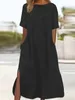 Spring Cotton Linen Womens Long Dress O-neck Pocket Casual Dresses Female Trendy Fashion Oversize Loose Clothes Ladies 240425