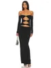 Casual Dresses Exy Women's Maxi One Line Neck Shoulder Clip Long Sleeve Bodycon Hollow Bead Design Dress Evening Party Vestidos