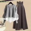 Herbst/Winter Korean Elegant Spleiß gefälschte zweiteilige Strickpullover Kleiderantriebs -Set Womens Chic Pullover Rock Set 240418