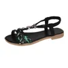 Sapatos casuais feminino sandálias de miçangas planas abertas de elástico floral na praia 2024 Fashion Bohemia cunhas