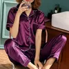 Damen Pyjama Set Satin Seiden Nachtwäsche Turnhalterkragen Pijimas Anzug Nachthemd Kurzarm Topspanten Homewear Large Size 5xl 240426