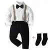 Clothing Sets Baby Boys Clothes Suits Fashion Long Sleeve Tie Shirt Trousers Socks 5Pcs Kids Autumn Gentleman Birthday Party Dress