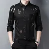 Men's Casual Shirts Korean Fashion Printed Spring Summer Mens Long Sleeve Social Causal Lapel Shirt Middle Aged Slim