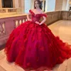 Czerwona błyszcząca ukochana suknia balowa Quinceanera sukienki z ramion kwiatowych koraliki gorset vestido de 15 anos sweet 16