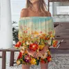 Vestidos informales Sexy Off Shoulder Floral Impress Vestido de verano Túnica Sundresses Fit Fit Fit Manga abreviatura de mujeres Elegantes