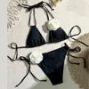 Damenbadebekleidung 2024 Frauen Dreieck Badeanzug Set zwei Stücke Schwimmkostüm 3D Blume Badeanzug mit Neigernkopf Top und Slips