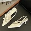 Liyke Sexy Slingbacks Narrow Band Buckle Strap Pumps Women Pointed Toe Low Thin Heels Wedding Party Mules Shoes Female Sandals 240410