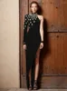 Casual Dresses Sexy One Shoulder Diamonds Maxi Bandage Dress Women Black Long Sleepes Crystal BodyCon Elegant Evening Club Party