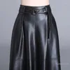 تنورات Midi Leather Skirt Woman 2024 الخريف والشتاء الحقيقي متوسط ​​متوسط ​​الخصر البرجي من جلد الغنم A- خط Falda