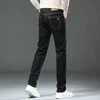 Мужские джинсы Four Seasons Fashion Mens Elastic Business Straight Jeans Black Blue Mid Rise Ultra Thin Elastic Casual Jeans Mens Brand Jeansl244