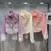 Mulheres outono Flores 3D Bordado Bordado Denim Casaco Loue Gradiente Purple Cor Pural Jeans Jeans Pérolas Cowboy Cardigan Tops 240416