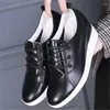 Casual Shoes Women Cow Leather Fashion Sneakers Height Increasing Lace Up Round Toe Loafers Mid Heel Trainer Boots Party