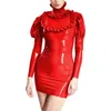 Vestidos casuais brilhantes em couro de pvc gurtleneck puff manga longa vestido de corpo bobo bainha de bainha sexy mini lápis molhado nightclub de látex falsificado