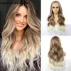 Synthetic Wigs Ombre blonde curly synthetic lace front wig suitable for women ginger brown role-playing long wave no glue Q240427