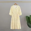 Lässige Kleider Fashion V-Ausschnitt Taschen gedruckt Shirring Verband Blumenkleid Frauenkleidung 2024 Sommer Lose Büro Lady Vintage
