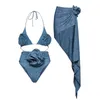 Costumi da bagno femminile 2024 costume da nuoto seppellito spalla con spalla in jeans stampato un pezzo da donna in bikini da bagno per bagni da bagno