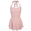 Kvinnors badkläder Sexig rygglös sommarbaddräkt Push Up One Piece Swimsuit Solid Korea med kjol Swim Dress Halter Pink