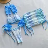 Frauen Badebekleidung Blau gestreifter Druck 3 Stück Badeanzug 2024 Rüschen Bikini Set sexy Dreieck Hosentender Sommer Beach Urlaub