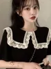 Топы для женщин черная милая женская рубашка Блузя одежда с коротким рукавом Kawaii воротничка туника 2024 Vintage M Cool Corean Style S 240422
