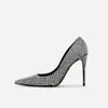 Dress Shoes Black Leathe Pointed Toe Pumps Shiny All Rhinestone Luxury Design Stiletto High Heels Sexy Bling Crystal Wedding 42