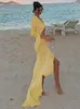 Swobodne sukienki eleganckie puste wyczerpanie się przez kobiety seksowne długie rękawy solidne maxi sukienka 2024 wiosenne wakacje na plaży