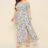 Vrouwen zomer plus size jurk kist gewikkeld korte mouw split floyy zoom uit schouderafdruk maxi boho streetwear 240412