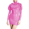 Vestidos casuais brilhantes em couro de pvc gurtleneck puff manga longa vestido de corpo bobo bainha de bainha sexy mini lápis molhado nightclub de látex falsificado