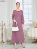 Casual Dresses Siskakia Marockan Caftan Female Chic Solid Crew Neck Lantern Sleete Beleted Clothing Muslim Elegant Women aftonklänning