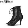 Chaussures de danse loogtshon salsa femme latin noir pour femmes longues bottes creux talon diamant haut