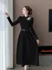 Casual Dresses Autumn Winter Women Sexy Hollow Out Off Shoulder Sticked Dress French Fashion Advanced Sense Belt Collocation tröja