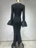 Casual Dresses Fashion Elegant Black Long Flare Sleeve Diamonds O-Neck Slit Maxi Bandage Dress Luxury Women Party Club Street Daily Wear