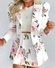 Arbeitskleider zweiteilige Frauen -Outfit 2024 Frühlingsblumendruck Puffärmel Doppelte Basiertes Long Blazer Mantel Eleganter Minirock