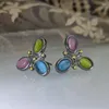 Stud Earrings Delicate Three Tone Moonstone Mixed Colorful Jewelry Black Metal Pink Blue Flower Wedding Gift