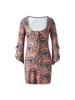 Casual Dresses Women Retro Dress Bohemian Floral Print 3 4 Bell Sleeve Deep V Neck Bodycon Short Tie Mini Wrap For Beach Vacation