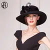 Fs stor svart hatt breda grim fedora hattar för kvinnor ull filt höst vinterkyrka bowler cloche blommor sombrero femme 240423