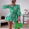 Fashion Green Marile Shirt Belt Woman Ruffle Vintage Robe imprimé Femmes Hobe Brave Mini Robes Longues Robes 220526 Casual for OXJGQ