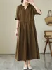 Party Dresses Cotton Vintage Solid Color for Women 2024 Summer Casual Long Fashion Dress Femme Robe Office Lady Elegant Clothing
