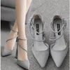 Casual Shoes Women's With Straps 3cm Heels Sandals Ladies Pointed Pumps Lace-Up 2024 Sweet Buckle Velvet 5cm African Toe Gold Orange La