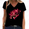 Dames T-shirts 2024 Zomer Fashion Rose Sunflower 3D Digitale printen Korte mouw T-shirt V-hals Casual forens Top