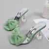 Slippers Size 34-46 Summer Party Fashion Green Rhinestone Bow Heels Sandals Women Square Open Toe PVC Transparent Shoes Slides