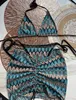 Paris Classics Crochet трех частей бикини набор роскошной юбки Полосатые плаватели дизайнер купания для женщин сексуальные купальные костюмы.