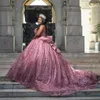 Różowy błyszczące sukienki Quinceanera 2024 Kryształ Kryształ Słodka 15 16 Urodzinowa suknia Gown Corset Vestidos de 15 Anos Miss Miss Miss Pageant