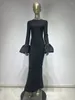 Casual Dresses Fashion Elegant Black Long Flare Sleeve Diamonds O-Neck Slit Maxi Bandage Dress Luxury Women Party Club Street Daily Wear