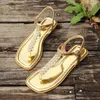 Casual Shoes Diamond-encrusted PU Thong With Stitching And Pin Buckle Women's Sandals Gold Square Toe Low Heel 2024 For Women