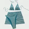 Kvinnors badkläder Bikini Set Sexig tre -stycken String Triangle Halter Minis med kjol Shiny Women Micro Thong Swimsuit Bather Beachwear