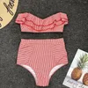 Women's Swimwear Sweet Green Striped Ruffle Bikini Off Shoulder Push-Up Boho High Waist Swimsuit Strapless Two Piece Beachwear